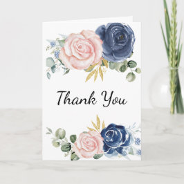 Navy blauw blush roze bloemenfoto bedankkaart