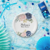 Navy blauw blush roze bloemetjes dessert papieren bordje (Feest)