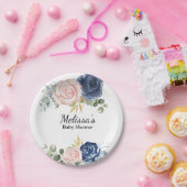 Navy blauw blush roze bloemetjes dessert papieren bordje (Feest)