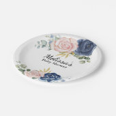 Navy blauw blush roze bloemetjes dessert papieren bordje (Gekanteld)