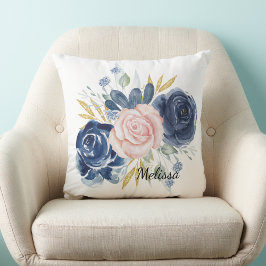 Navy blauw blush roze bloemig personaliseren kussen