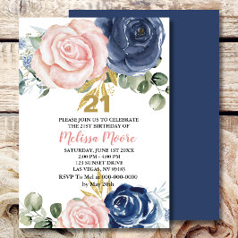 Navy blauw blush roze bloesem 21e verjaardag kaart