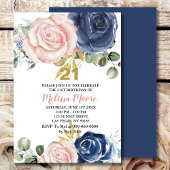 Navy blauw blush roze bloesem 21e verjaardag kaart
