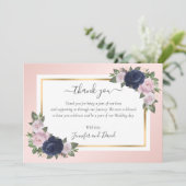 Navy Blauw Blush Roze Gouden Bloemen Dank u kaart (Staand voorkant)