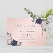Navy Blauw Blush Roze Gouden Bloemen Save The Date (Staand voorkant)