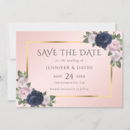 Navy Blauw Blush Roze Gouden Bloemen Save The Date