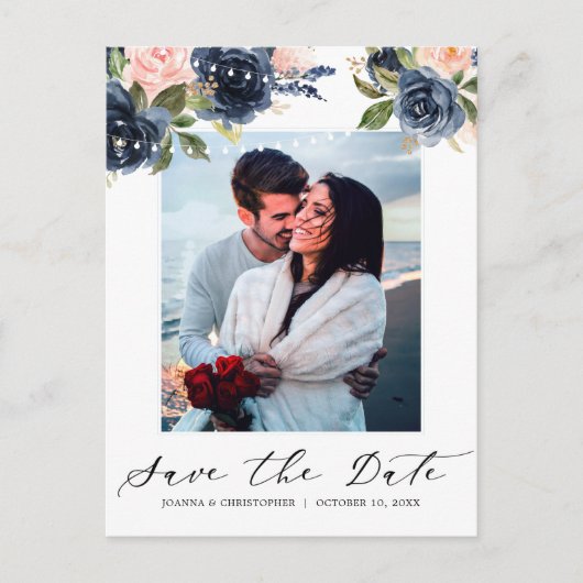 Navy Blauw Blush Roze Rood String verlichting Foto Aankondigingskaart (Voorkant)