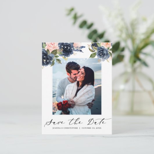 Navy Blauw Blush Roze Rood String verlichting Foto Aankondigingskaart (Staand voorkant)