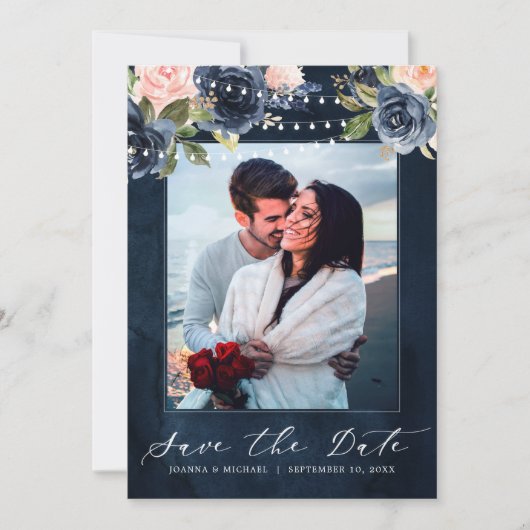 Navy Blauw Blush Roze Rood String verlichting Foto Save The Date (Voorkant)