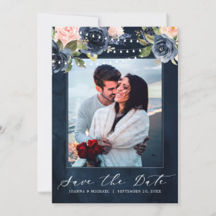 Navy Blauw Blush Roze Rood String verlichting Foto Save The Date