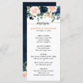 Navy Blauw Blush Roze Rose Bloemen Boho Bruiloft Menu (Voorkant / Achterkant)