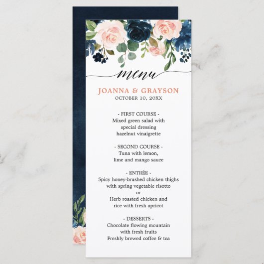 Navy Blauw Blush Roze Rose Bloemen Boho Bruiloft Menu (Voorkant / Achterkant)