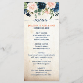 Navy Blauw Blush Roze Rose Bloemen Boho Bruiloft Menu