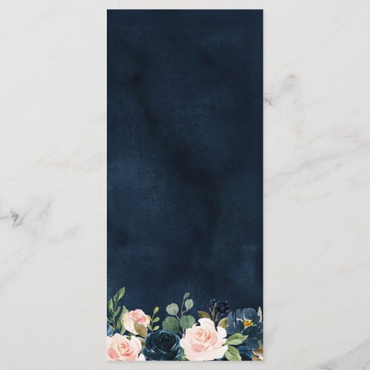 Navy Blauw Blush Roze Rose Bloemen Boho Bruiloft Menu (Achterkant)
