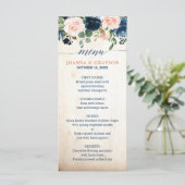 Navy Blauw Blush Roze Rose Bloemen Boho Bruiloft Menu (Staand voorkant)