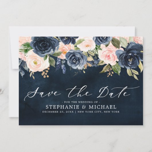 Navy Blauw Blush Roze Rose Bloemen Save The Date (Voorkant)
