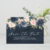 Navy Blauw Blush Roze Rose Bloemen Save The Date (Staand voorkant)