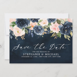 Navy Blauw Blush Roze Rose Bloemen Save The Date
