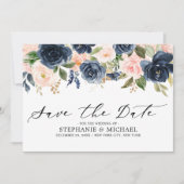 Navy Blauw Blush Roze Rose Bloemen Save The Date (Voorkant)