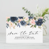 Navy Blauw Blush Roze Rose Bloemen Save The Date (Staand voorkant)
