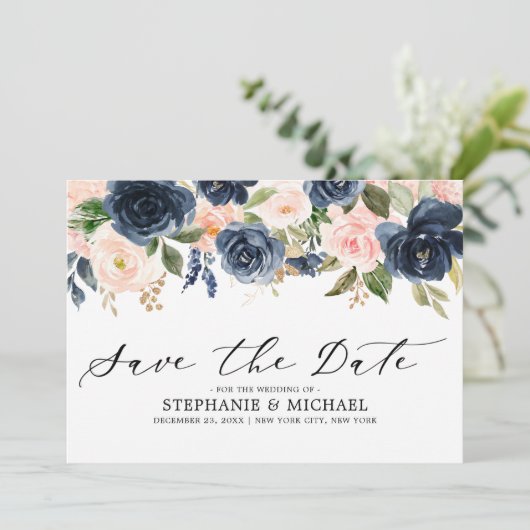 Navy Blauw Blush Roze Rose Bloemen Save The Date (Staand voorkant)