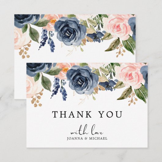 Navy Blauw Blush Roze Rose Boho Bedankkaart (Voorkant / Achterkant)