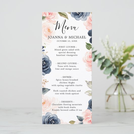 Navy Blauw Blush Roze Rose Boho Bruiloft Menu (Staand voorkant)