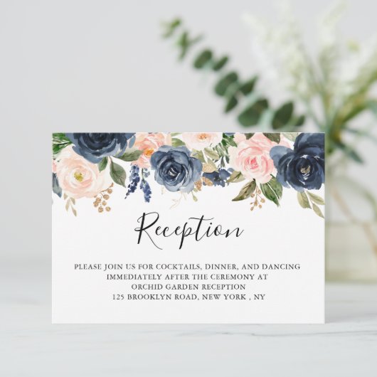 Navy Blauw Blush Roze Rose Boho Bruiloft Receptie Informatiekaartje (Staand voorkant)
