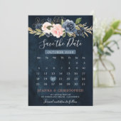 Navy Blauw Blush Roze Rose Boho Kalender Save The Date (Staand voorkant)