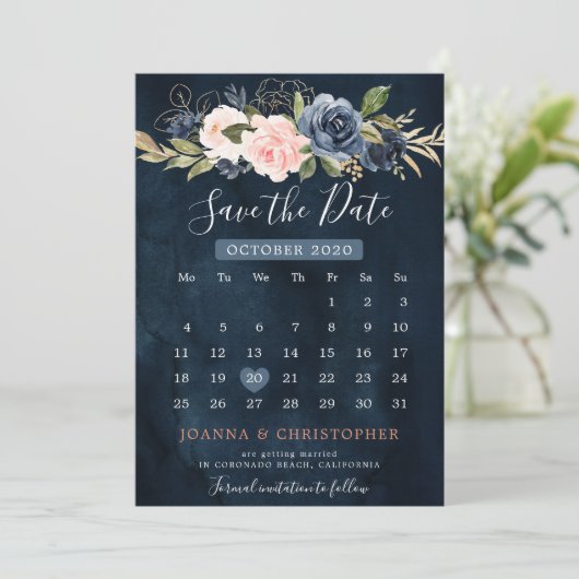 Navy Blauw Blush Roze Rose Boho Kalender Save The Date (Staand voorkant)