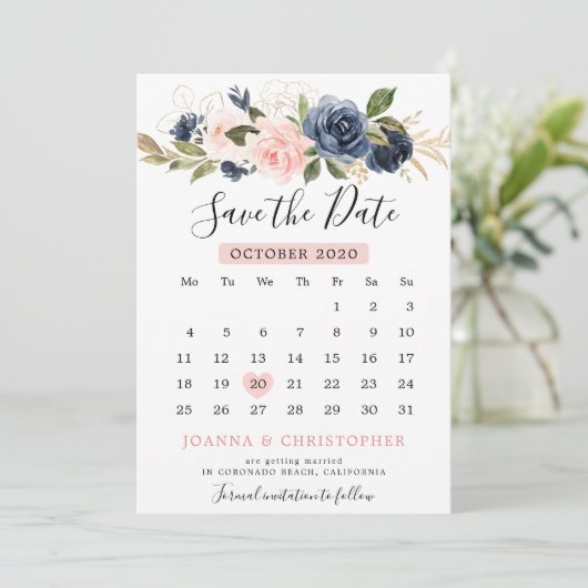 Navy Blauw Blush Roze Rose Boho Kalender Save The Date (Staand voorkant)