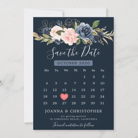 Navy Blauw Blush Roze Rose Boho Kalender Save The Date (Voorkant)