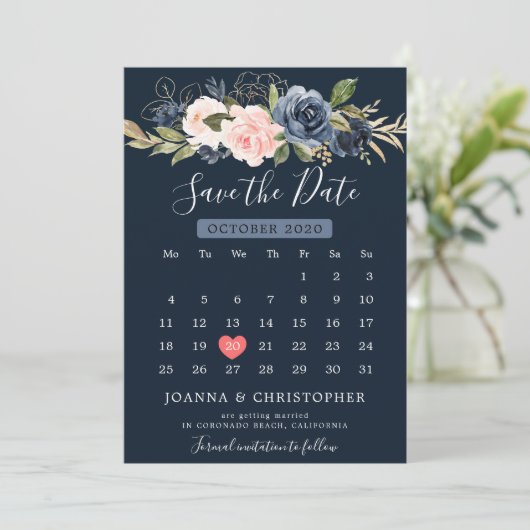 Navy Blauw Blush Roze Rose Boho Kalender Save The Date (Staand voorkant)