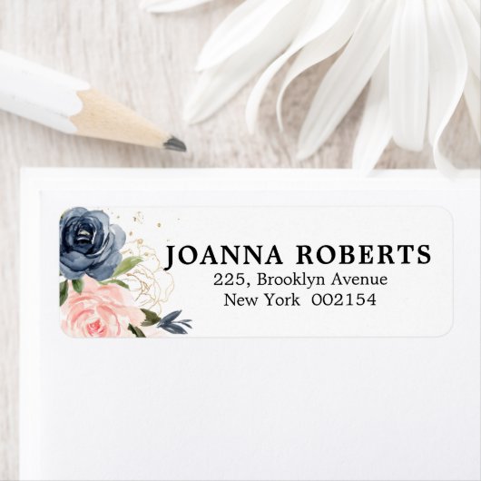 Navy Blauw Blush Roze Rose Botanisch Adres Etiket (Insitu)
