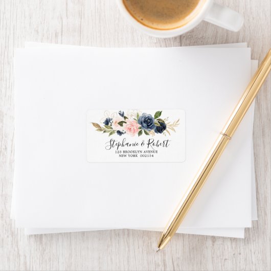 Navy Blauw Blush Roze Rose Botanisch Adres Etiket (Insitu)