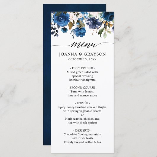 Navy Blauw Blush Roze Rose Botanische bruiloft Menu (Voorkant / Achterkant)