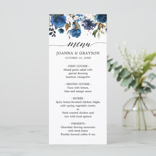 Navy Blauw Blush Roze Rose Botanische bruiloft Menu (Staand voorkant)