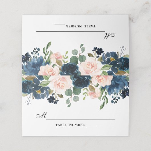 Navy Blauw Blush Roze Rose Botanische Bruiloft Plaatskaartje (Buitenkant ongevouwen)