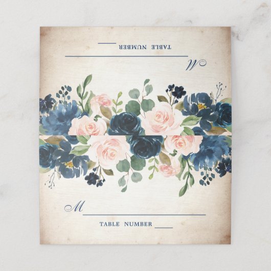 Navy Blauw Blush Roze Rose Botanische Bruiloft Plaatskaartje (Buitenkant ongevouwen)
