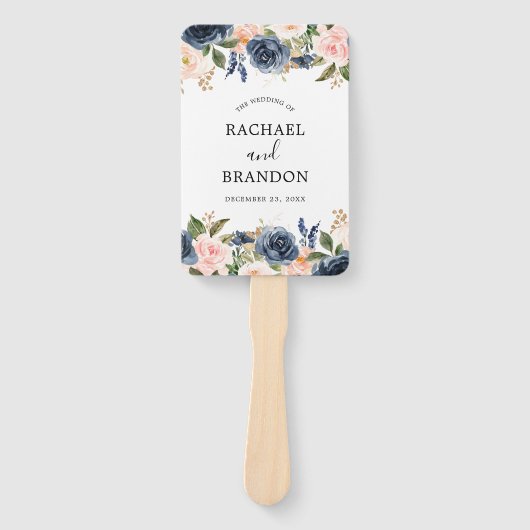 Navy Blauw Blush Roze Rose Botanische Hand Fan Handwaaier (Voorkant)