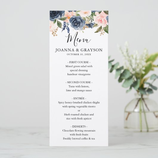 Navy Blauw Blush Roze Rose Bruiloft Menu Kaart (Staand voorkant)