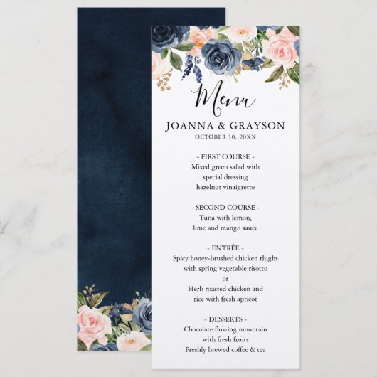 Navy Blauw Blush Roze Rose Bruiloft Menu Kaart (Voorkant / Achterkant)