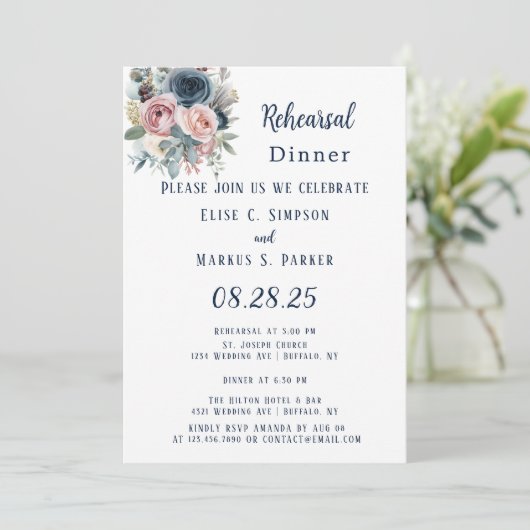 Navy Blauw Blush Roze Rose Bruiloft repetitie dine Kaart (Staand voorkant)