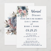 Navy Blauw Blush Roze Rose Bruiloft repetitie dine Kaart (Voorkant / Achterkant)