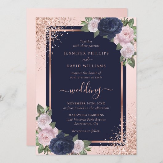 Navy Blauw Blush Roze Rose Goud Bloemen Bruiloft Kaart (Voorkant / Achterkant)