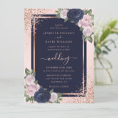 Navy Blauw Blush Roze Rose Goud Bloemen Bruiloft Kaart (Staand voorkant)