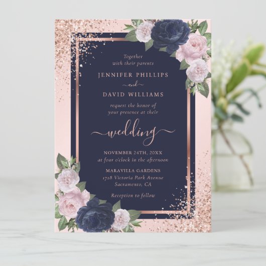 Navy Blauw Blush Roze Rose Goud Bloemen Bruiloft Kaart (Staand voorkant)