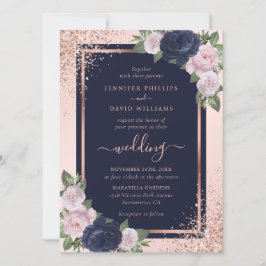Navy Blauw Blush Roze Rose Goud Bloemen Bruiloft Kaart