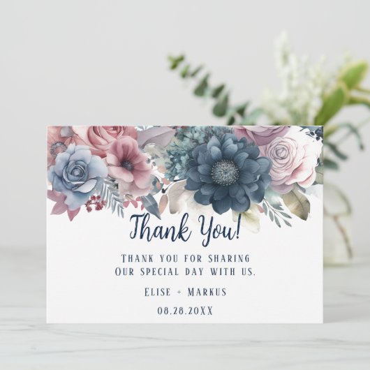 Navy Blauw Blush Roze Rozen Bruiloft Dank u Kaarte Kaart (Staand voorkant)