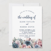 Navy Blauw Blush Roze Rozen Bruiloft Kaart (Voorkant)